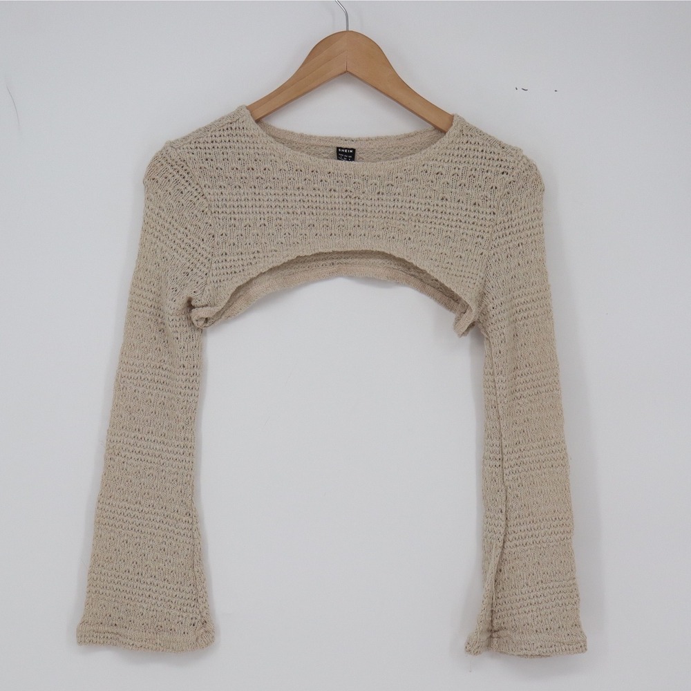 SHEIN Shrug Womens S Super Cropped Bolero Beige Pointelle Bell Sleeve Excellent